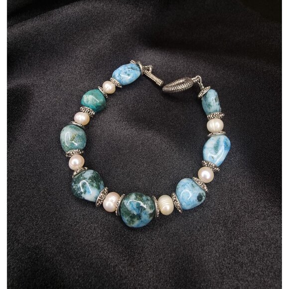 Handcrafted Blue Jasper & Pearl Beaded Bracelet With Heart Toggle Clasp - Picture 1 of 6